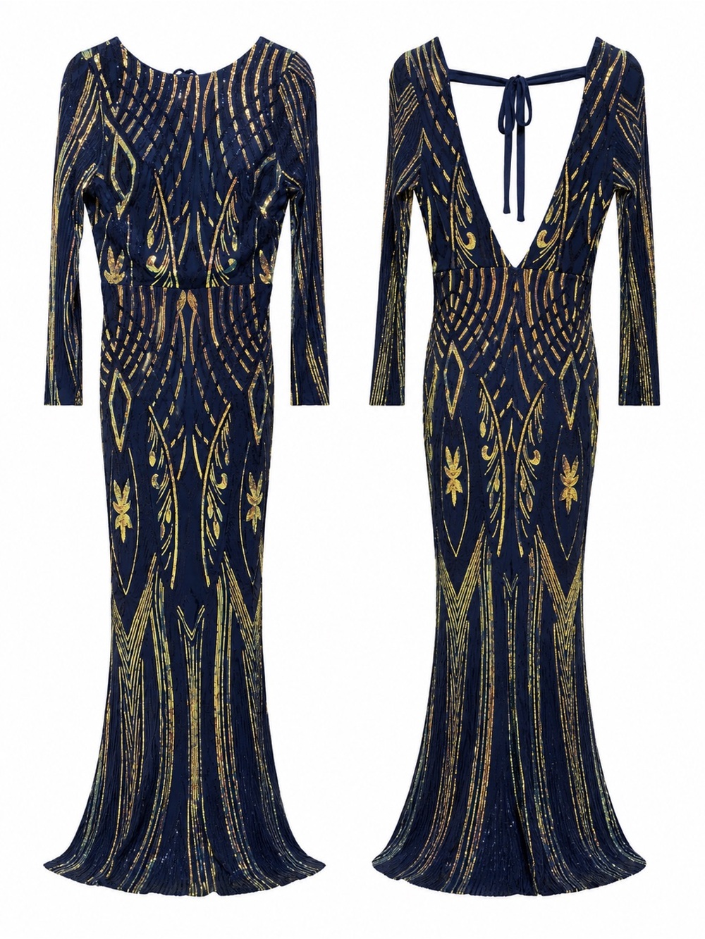 Backless Navy and Gold Sequin Evening Gown